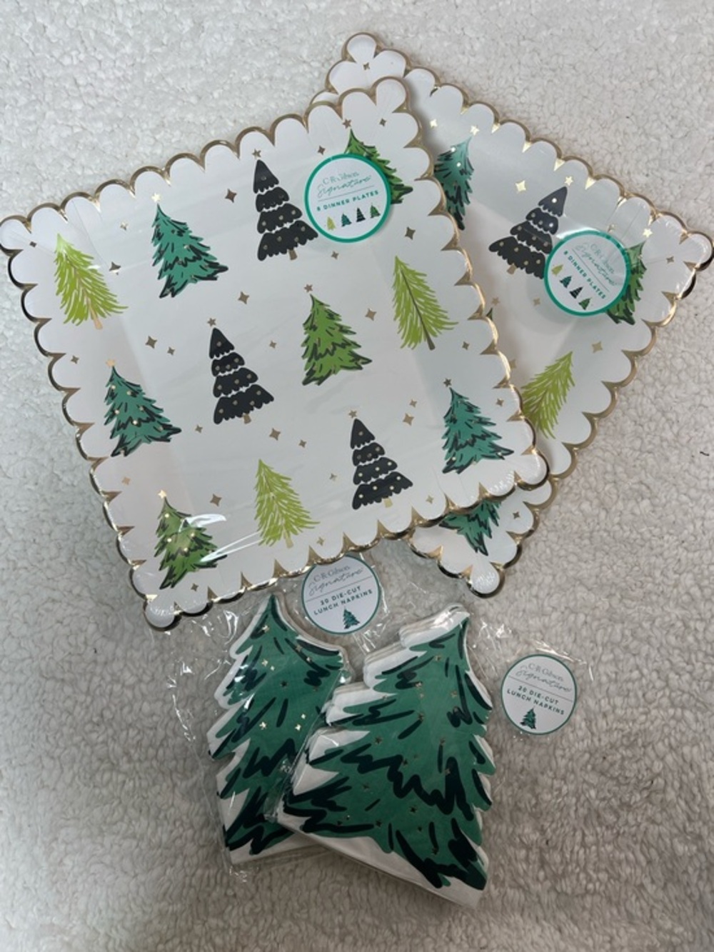 C.R. Gibson Signature "Holiday Trees" Coated, Heavy Duty Dinner Plates + Napkins